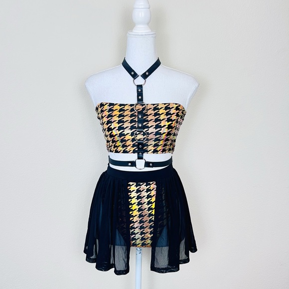 TastefulGirl Black & Gold Holo Houndstooth Tube Top & High Leg Bottom Rave Set - Picture 1 of 13